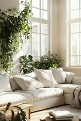 Modern Serenity: A sun-drenched living room exudes tranquility, featuring a plush sectional sofa, minimalist decor, and lush greenery in a contemporary apartment