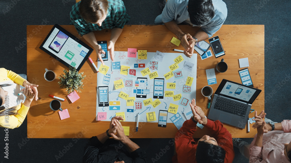 Poster top view of developer team sharing idea of ux ui design by using mind map. top down view of group of