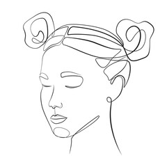 Girl's head with hair done in two buns one line drawing on white isolated background. Face of a beautiful young woman with closed eyes 
