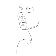 Head of a beautiful Asian young woman one line drawing on white isolated background