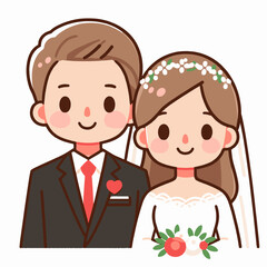 Cute wedding couple with heart and flower details, cartoon illustration