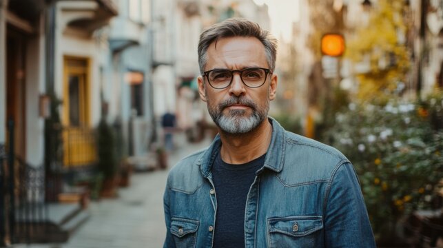 Half length portrait of handsome 30s male in stylish casual wear and spectacles standing on street at spring, bearded caucasian man in eyeglasses for vision correction looking at camera pondering