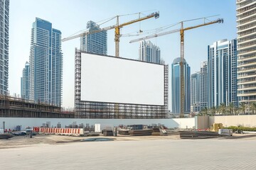 Obraz premium Empty white billboard near construction site with modern buildings and cranes in the background