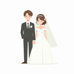 Fototapeta premium Elegant cartoon of a newlywed couple isolated on a clean white backdrop