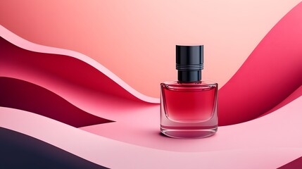 a luxurious perfume bottle in a vibrant studio shot, featuring an elegant design with colorful background