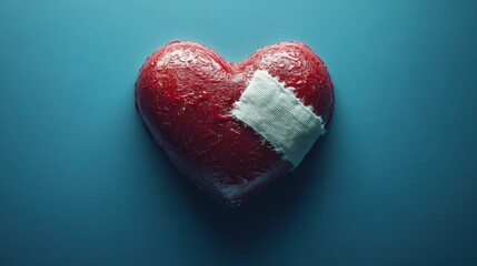 Wounded red heart mended with cloth