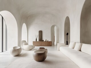 A modern interior features white walls and natural wooden furniture