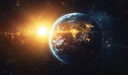 Naklejka premium Space Illustration of the Suns Corona, Earth, and the Moon with Distance Indicator