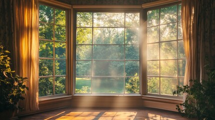 Fototapeta premium Bright Sunlight Streaming Through Cozy Window in Lush Greenery