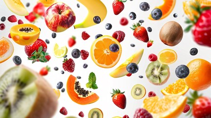 Fruit mix of flying fruits with banana, mango, blueberry, orange, grape, cherry and other fruits