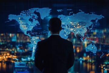 Global Finance Concept Featuring a Businessman and a World Map Overlay