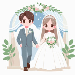 Cartoon wedding couple illustration walking under a floral archway