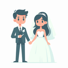 Charming cartoon illustration of a bride and groom on their wedding day