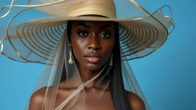  Woman in beige dress and straw hat with sheer veil