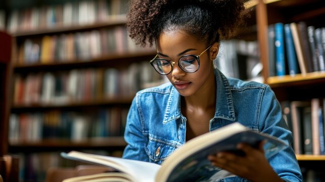 Attractive female student in stylish denim apparel reading information from knowledge textbook and analyzing plan for course work, dark skinned hipster girl learning and preparing to university exams