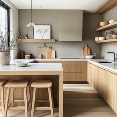 A modern kitchen showcases minimalist design with wooden accents