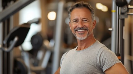 Fototapeta premium Gym, a smiling portrait of a man in his fifties exercising at a health club