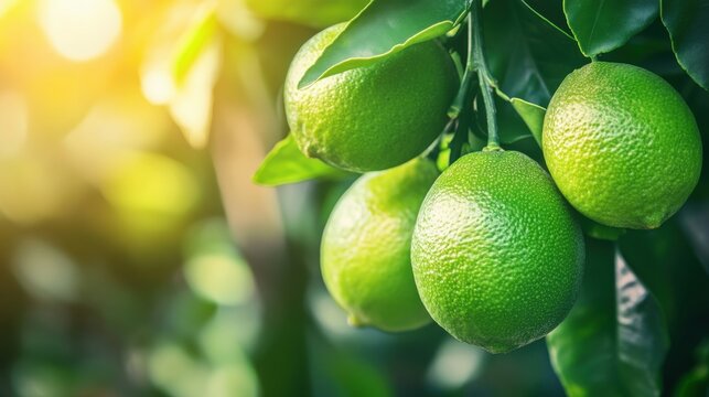 Closeup of lime fruit hanging on tree at lime plantation in Thailand. Lime is hybrid citrus fruit. Food and health concept.