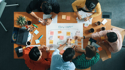 Top down aerial view of business team making scrum task board at meeting room. Group of people writing at paper and sticky notes for making kanban board to manage work flow. Top view. Convocation.