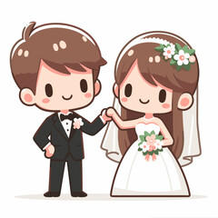 Adorable cartoon illustration of newly married couple celebrating wedding day