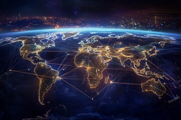 Map of world with trading paths and points 