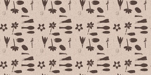 Mocha brown linen floral patterns seamless patterns border design. Endless textured flower graphic ribbon edge. Mottled soft natural calm mood for cottage core banners.