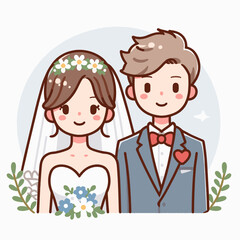 Charming cartoon wedding couple illustration, stylized with love and commitment