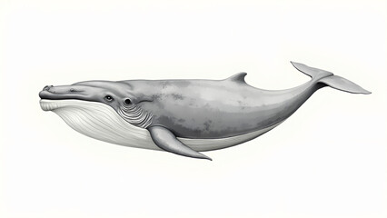 detailed illustration of whale swimming gracefully in ocean, showcasing its massive body and distinctive features. artwork captures beauty and majesty of this marine creature