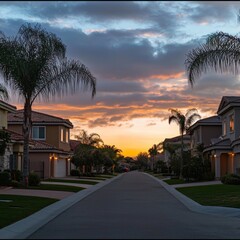 Suburban street with palm trees under a fiery sunset sky