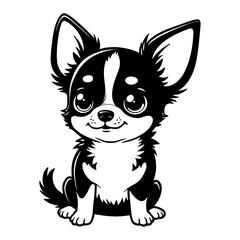 Cute Chibi Kawaii Chihuahua Puppy Dog Cartoon Character Sitting Front View Black and White Outline Line Art Drawing