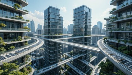 Fototapeta premium Modern Urban Architecture with Vertical Gardens and Sky Bridges