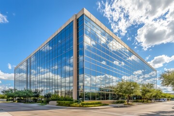 Obraz premium Modern office building or business center. High-rise windor buildings made of glass reflect the clouds and the sunlight. empty street outside wall modernity civilization. growing up business