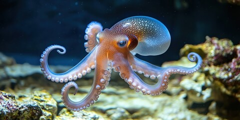 Vibrant Octopus Underwater: Mesmerizing Marine Life in Coral Reef Habitat, Highlighting Tentacles, Camouflage, and Oceanic Ecosystem with Crystal Clear Waters