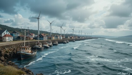 Scenic Coastal View with Sailboats and Wind Turbines under Clouds