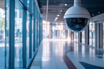 Surveillance camera monitors activity in modern hallway of a commercial building during daylight hours