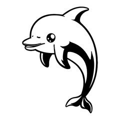 Obraz premium Cute Kawaii Chibi Smiling Dolphin with Big Eyes Black and White Outline Line Art Drawing Style