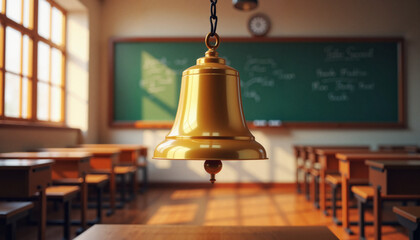Classic brass school bell ringing in vintage classroom, nostalgia