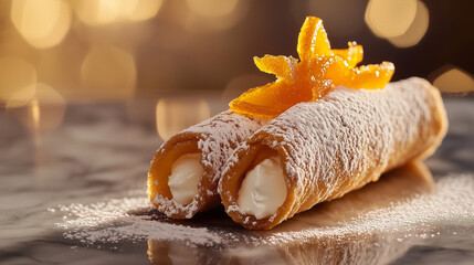 Italian Cannolo Perfection &ndash; Crispy Shell & Candied Orange on Reflective Marble for Luxurious Cookbook & Caf&eacute; Aesthetics