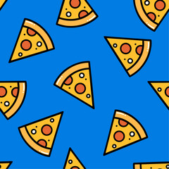 Colorful seamless pattern of pizza slices on bright blue background. Perfect for food themes, graphic designs, wallpapers, and creative art projects.