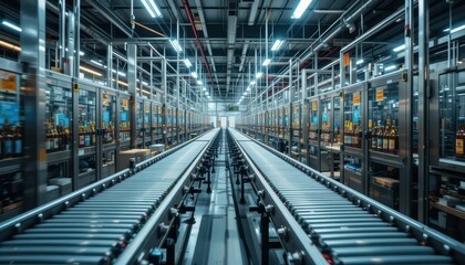 Fototapeta premium Industrial Warehouse with Conveyor Belt in Modern Storage Facility
