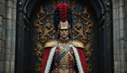 Obraz premium Majestic Royal Guard Wearing Ornate Uniform in Front of Grand Gates