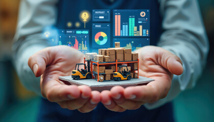 Hands holding miniature warehouse model with forklifts and boxes surrounded by digital analytics dashboard. Supply chain management visualization with data charts, kpis, and logistics metrics