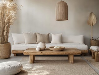 A cozy living room decorated with neutral tones and natural textures