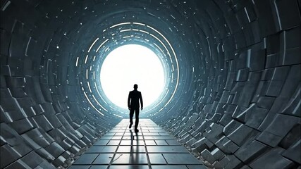 A solitary figure stands at the entrance of a futuristic tunnel - Powered by Adobe