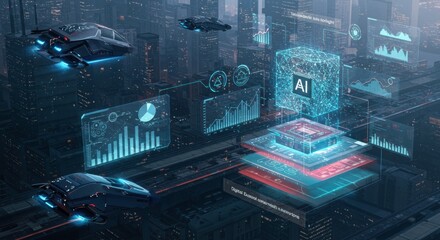 Futuristic Cityscape with AI Data Processing and Flying Vehicles