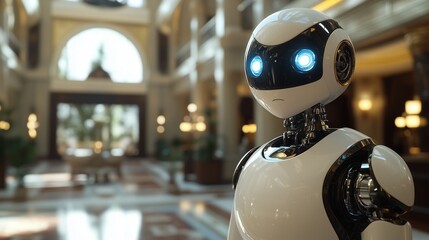 Boutique hotel showing heartfelt sadness to a robotic companion, faint backdrop