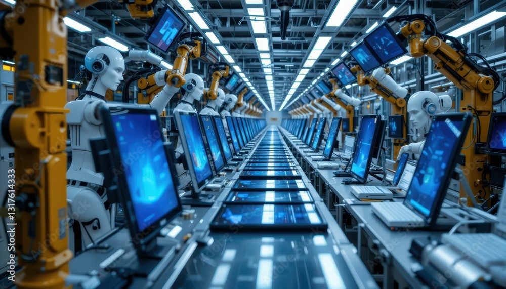 Poster advanced robotics and automation in a futuristic tech facility