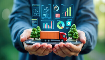 Hands holding truck with container on road platform with trees. Digital analytics dashboard with charts and metrics floating above. Logistics transportation data visualization with kpi