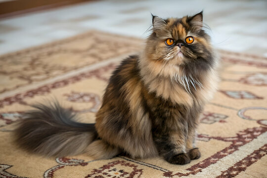 Gato persa fluffy tortoiseshell cat with bright amber eyes sitting on a rug