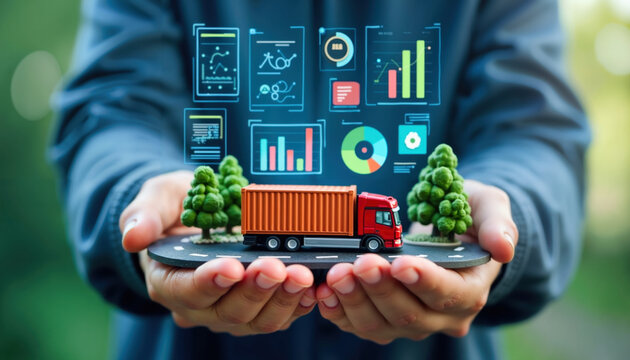 Hands holding truck with container on road platform with trees. Digital analytics dashboard with charts and metrics floating above. Logistics transportation data visualization with kpi